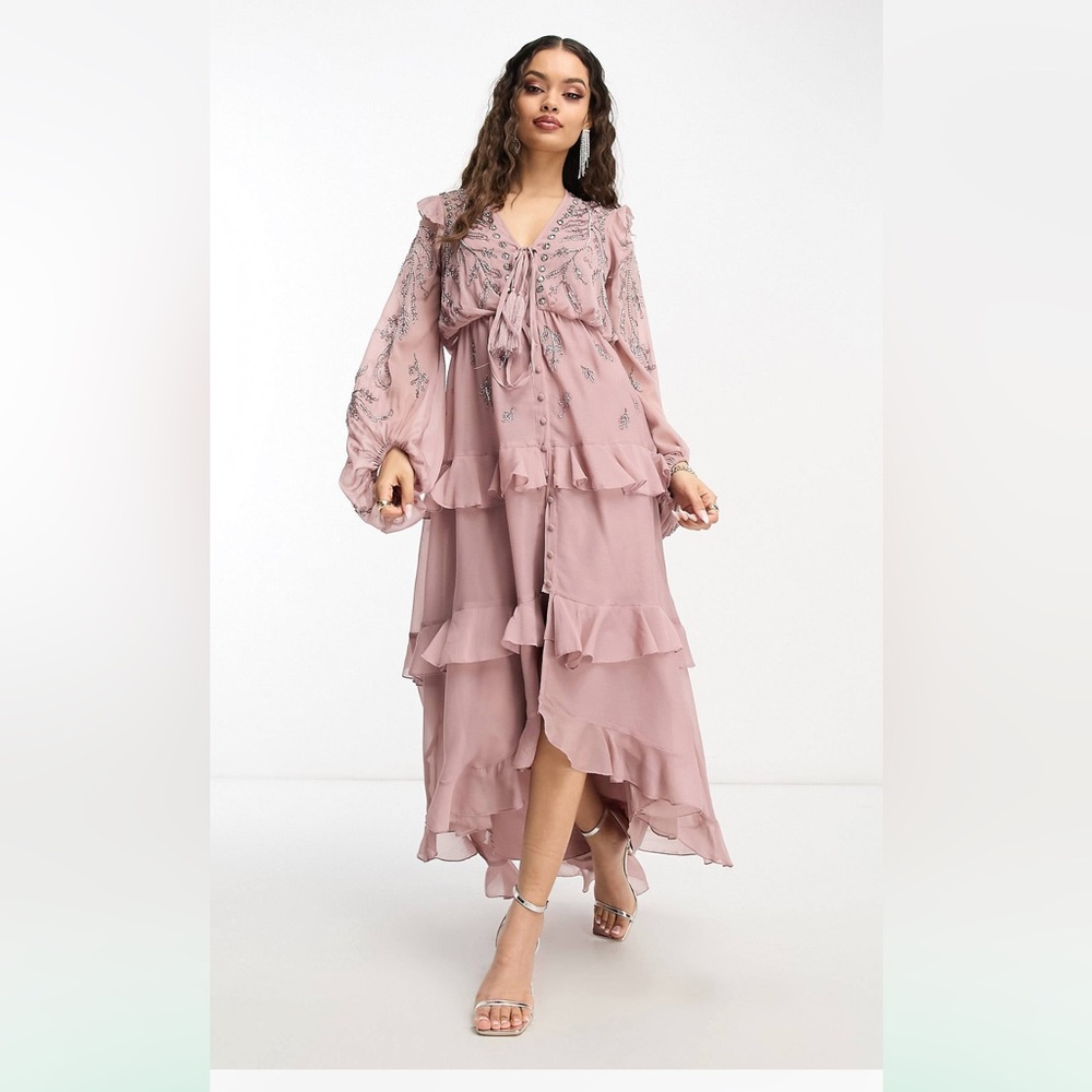 ASOS DESIGN petite soft midi dress with button front and floral embellishments